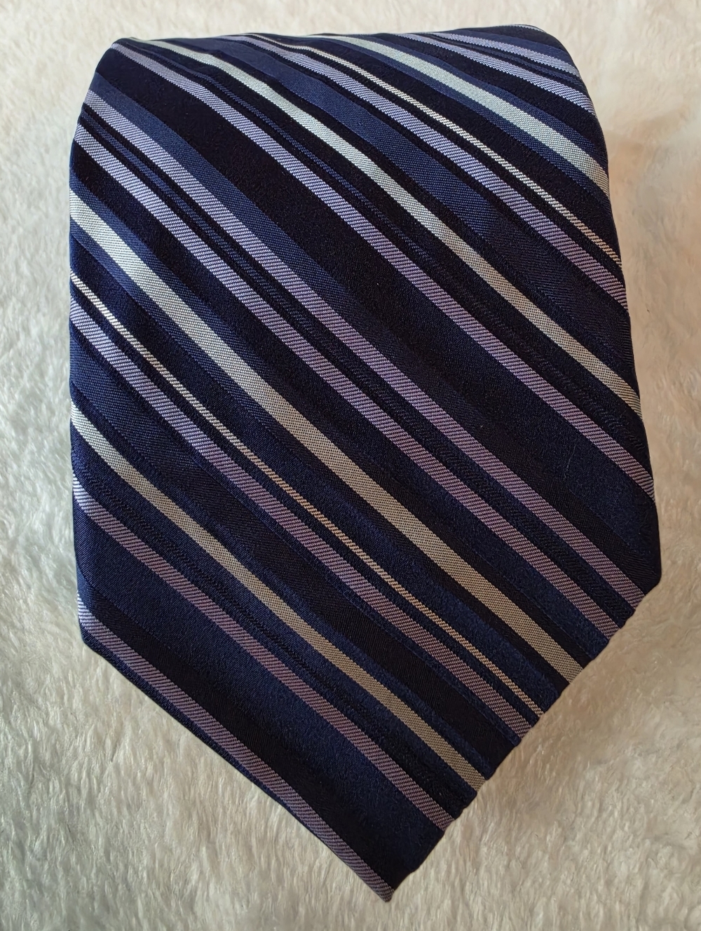 Vintage DKNY Men's Silk Necktie Black Gray Blue Striped Tie Made in USA